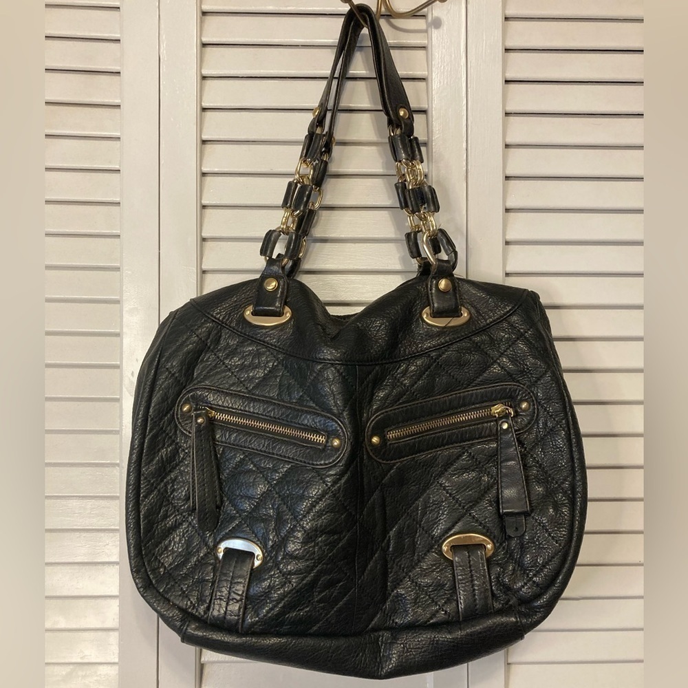 B. Makowsky Black And Gold Leather Exterior Quilted Chain Shoulder Bag